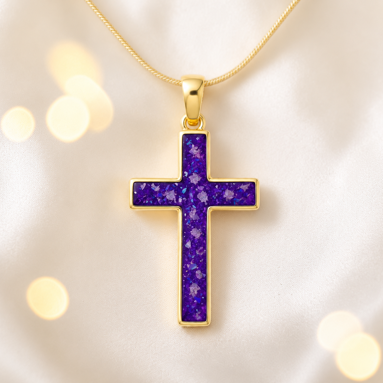 Sleepy Lavender Eternal Cross 9ct gold pendant, handcrafted in Lancashire UK – by Keepsake Memorial Jewellery