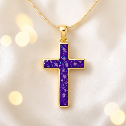 Sleepy Lavender Eternal Cross 9ct gold pendant, handcrafted in Lancashire UK – by Keepsake Memorial Jewellery
