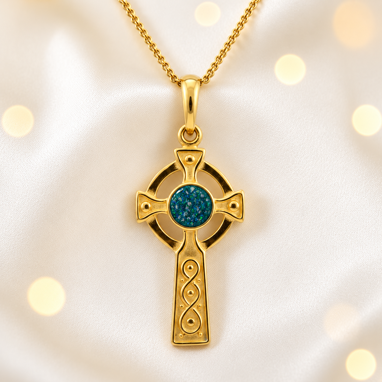 Teal Mist Claddagh Cross 9ct gold pendant, handcrafted in Lancashire UK – by Keepsake Memorial Jewellery