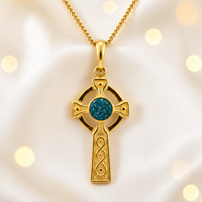 Teal Mist Claddagh Cross 9ct gold pendant, handcrafted in Lancashire UK – by Keepsake Memorial Jewellery