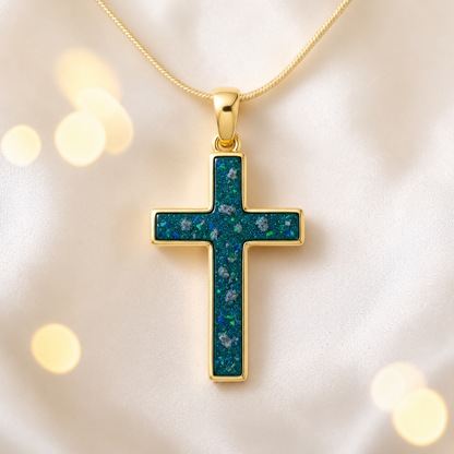 Teal Mist Eternal Cross 9ct gold pendant, handcrafted in Lancashire UK – by Keepsake Memorial Jewellery