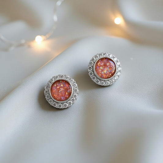 Halo Earrings — silver halo ashes memorial stud earrings with copper red opal, handcrafted in Lancashire, UK