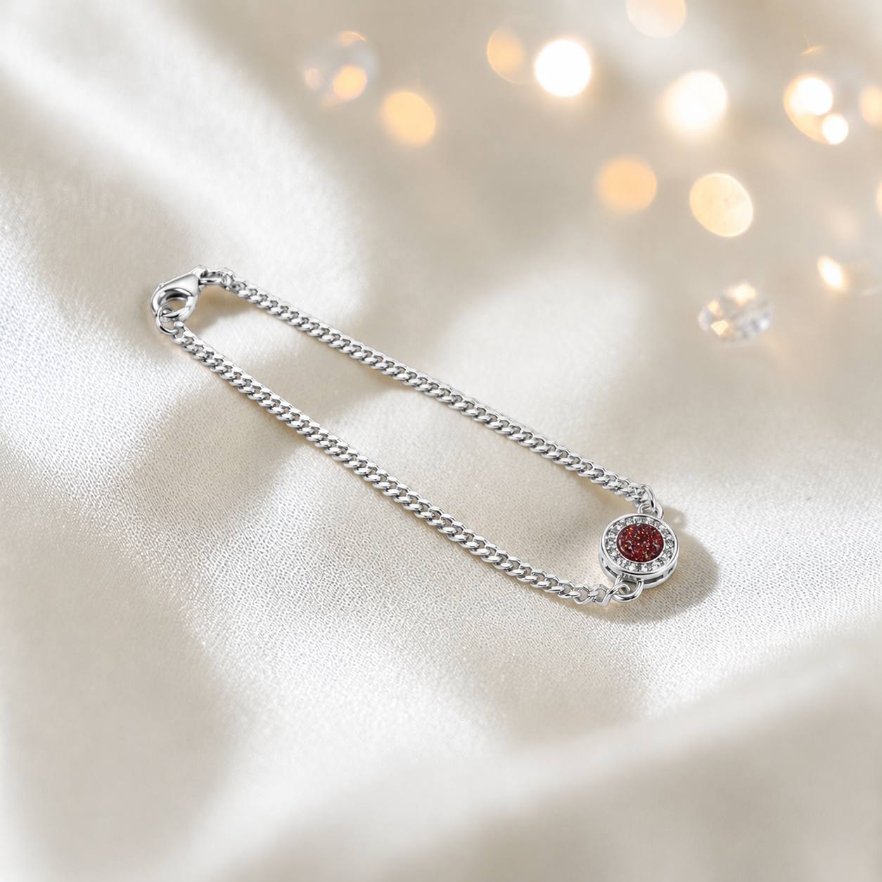 Halo Bracelet — silver halo ashes memorial bracelet in ruby red, handcrafted in Lancashire, UK