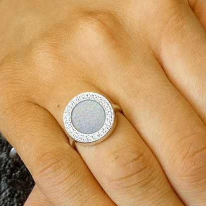 Halo Ring worn on hand — silver halo ashes memorial ring, handcrafted in the UK