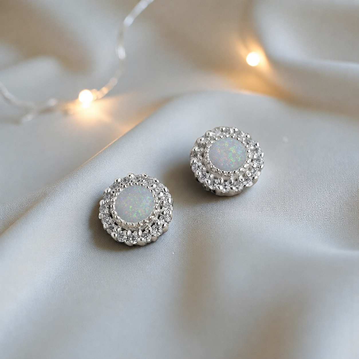 Halo's memorial stud earrings in White Snow opal — sterling silver, handcrafted in Lancashire, UK