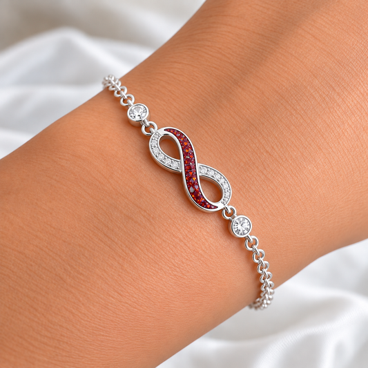 Keepsake Memorial Silver ashes infinity cz bracelet, on wrist, handcrafted in Lancashire
