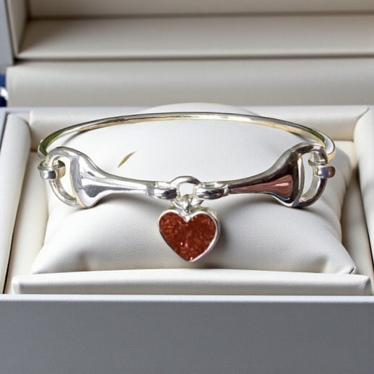 Horse Bit Heart Charm Solid Silver Hook Clasp Bangle
