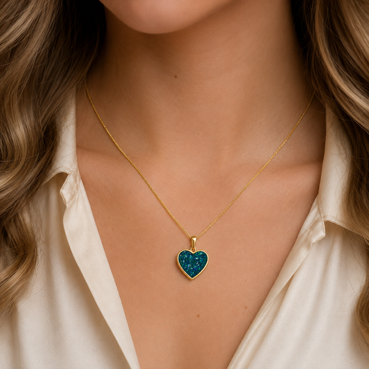 Teal Mist Golden heart 9ct gold pendant, handcrafted in Lancashire UK – by Keepsake Memorial Jewellery