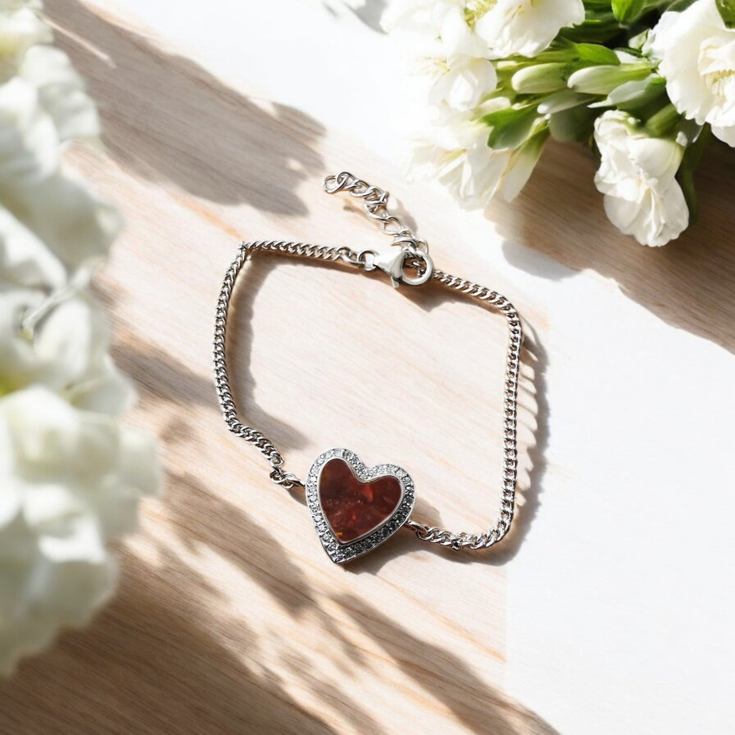 CZ Heart Bracelet Adjustable Chain 925 Silver