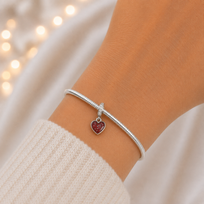 Ruby red sterling silver heavens heart ashes memorial dangle  charm, handcrafted in Lancashire by keepsake memorial