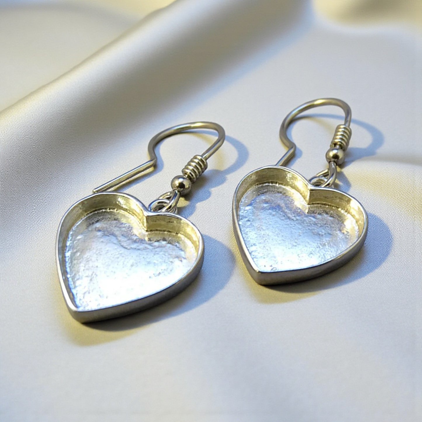 Whispers of Love Ear Drops — silver heart ashes memorial drop earrings, handcrafted in Lancashire, UK