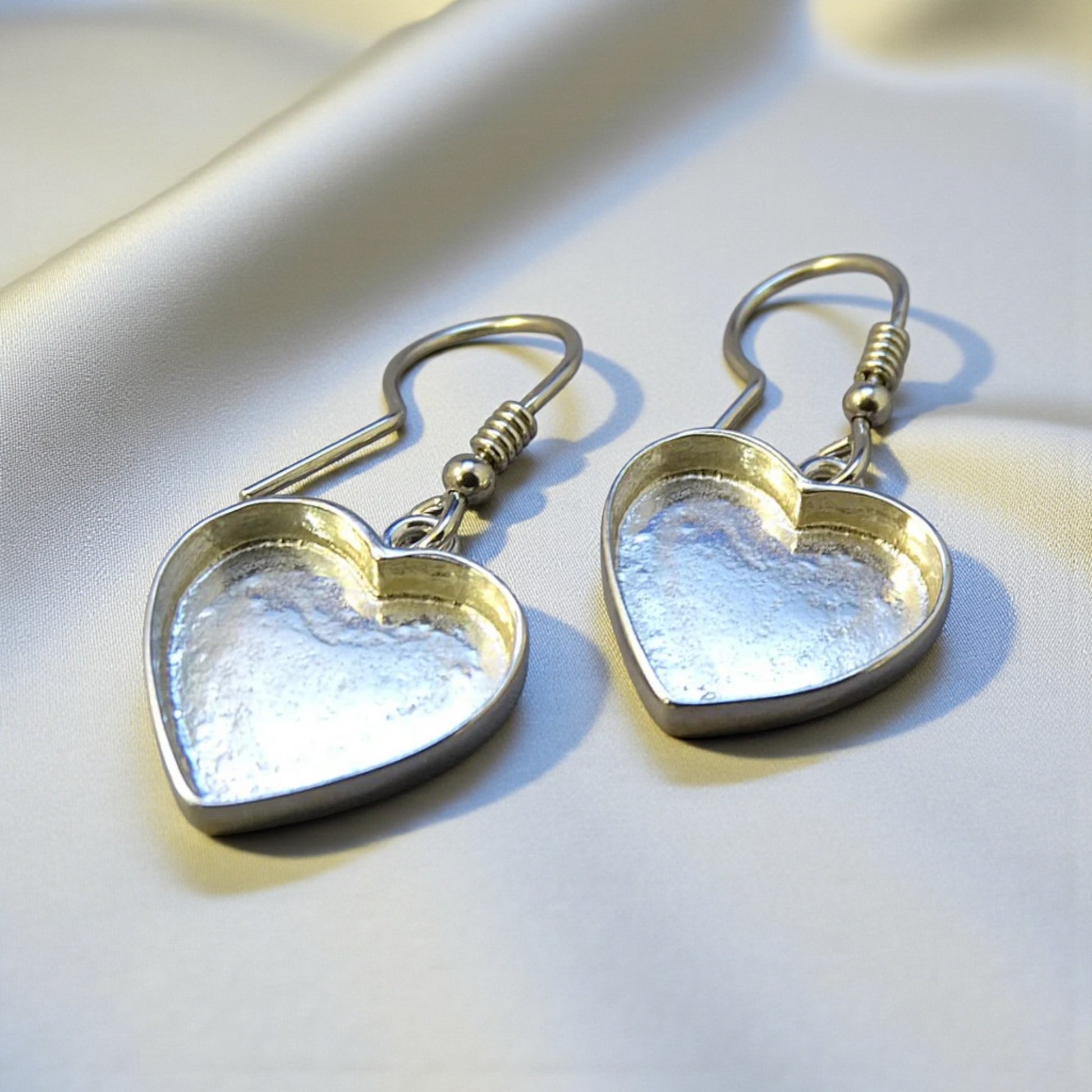 Whispers of Love Ear Drops — silver heart ashes memorial drop earrings, handcrafted in Lancashire, UK