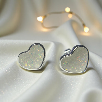Keepsake Memorial Sterling Silver Heart Ashes Earrings Luna Grace in White Snow - Handcrafted in the UK