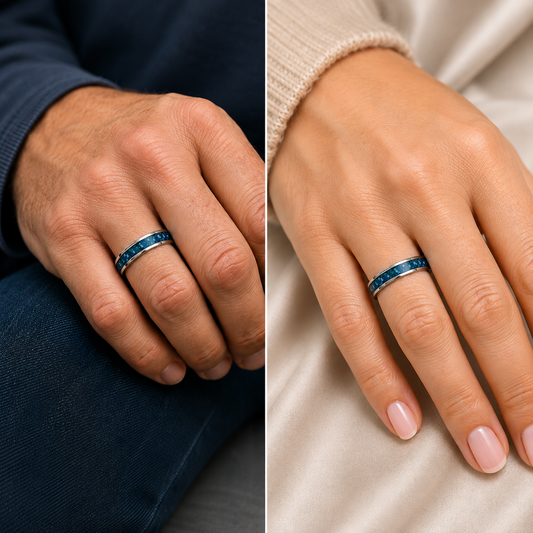 Teal mist Horizon unisex sterling silver channel memorial band ring, 5.5mm wide, handcrafted in Lancashire UK by Keepsake Memorial Jewellery