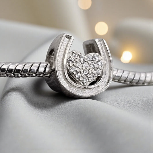 silver sparkle heart horseshoe charm, handcrafted in lancashire, uk