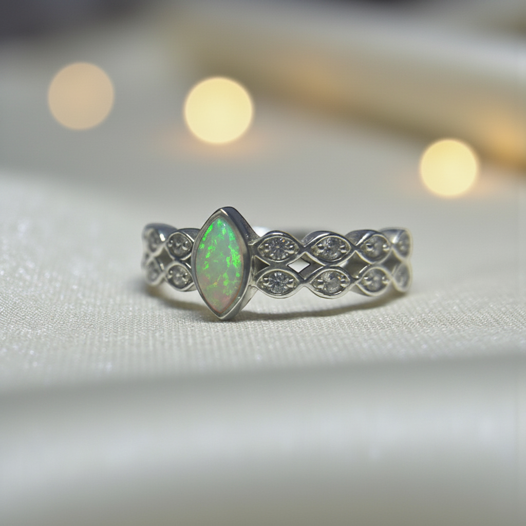 Serenata Ring with green opal — sterling silver memorial keepsake ring, handcrafted in Lancashire, UK