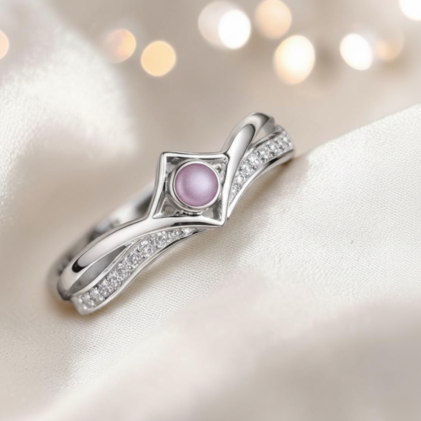 Inverted Wishbone Ring with white snow opal and ash flecks — sterling silver memorial ring, handcrafted in Lancashire, UK