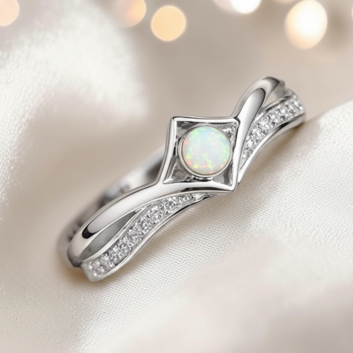 Inverted Wishbone Ring with white snow opal and ash flecks — sterling silver memorial ring, handcrafted in Lancashire, UK