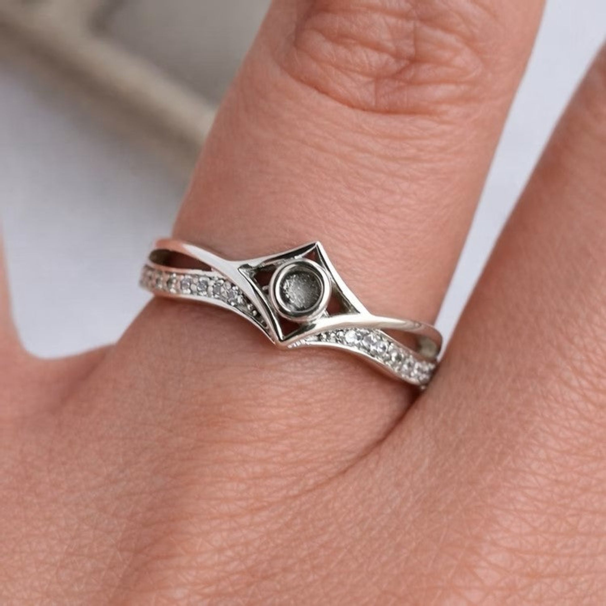 Inverted Wishbone Ring worn on model — sterling silver ashes memorial ring, handcrafted in Lancashire, UK