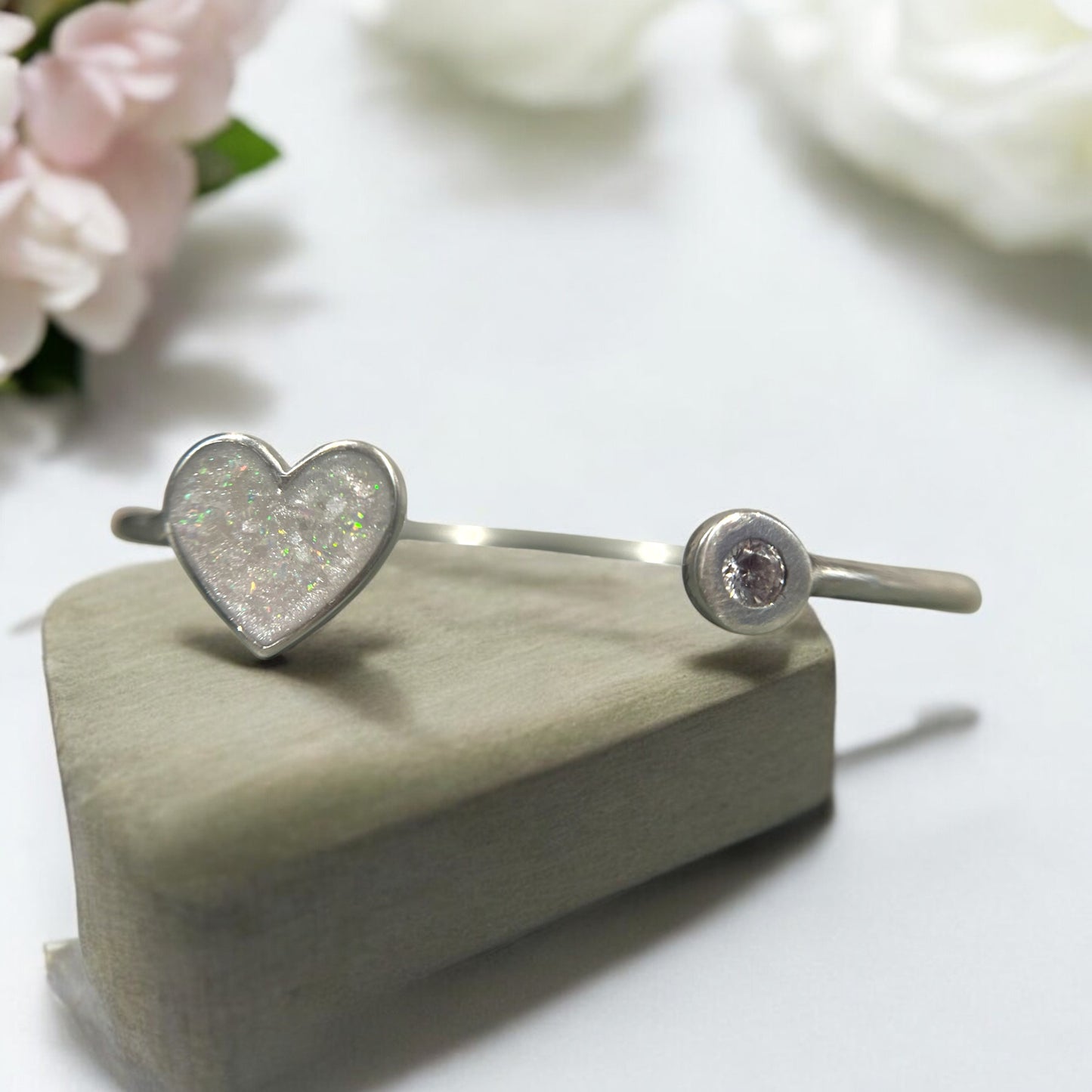 Solid Silver Heart Bangle with CZ Stone