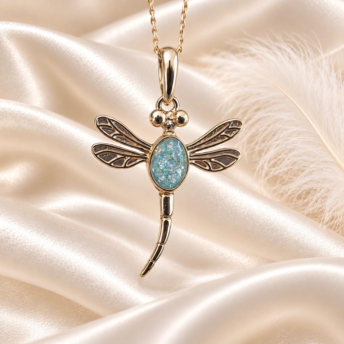 Keepsake Memorial Jewellery gold dragonfly pendant with a shimmering blue inlay on a soft satin background