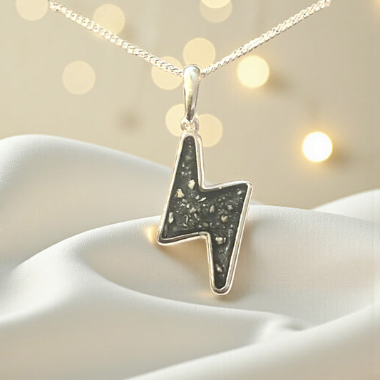 silver lightening bolt ashes pendant, handcrafted in lancashire, uk