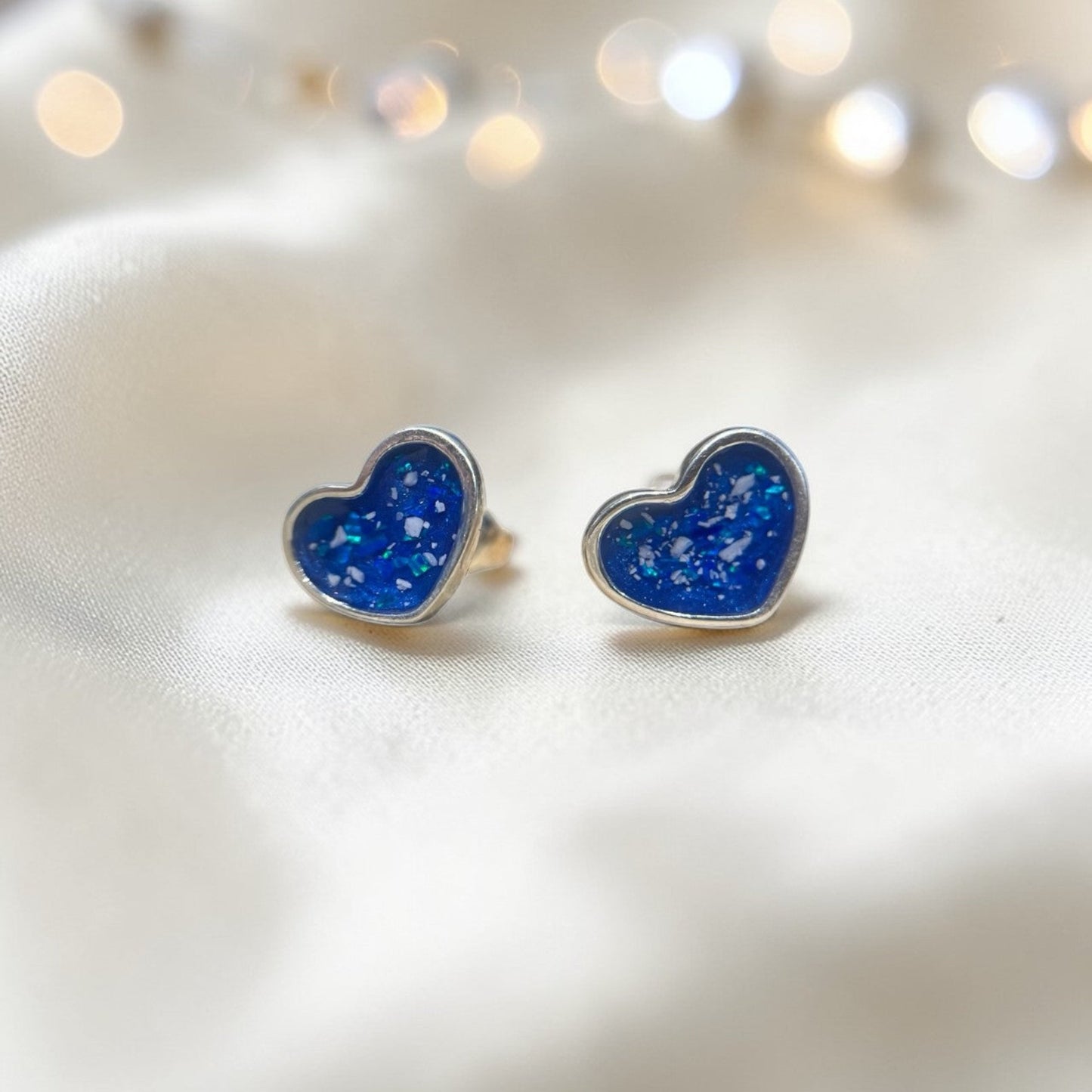 Luna Grace Studs — silver heart ashes memorial stud earrings with blue fill, handcrafted in Lancashire, UK