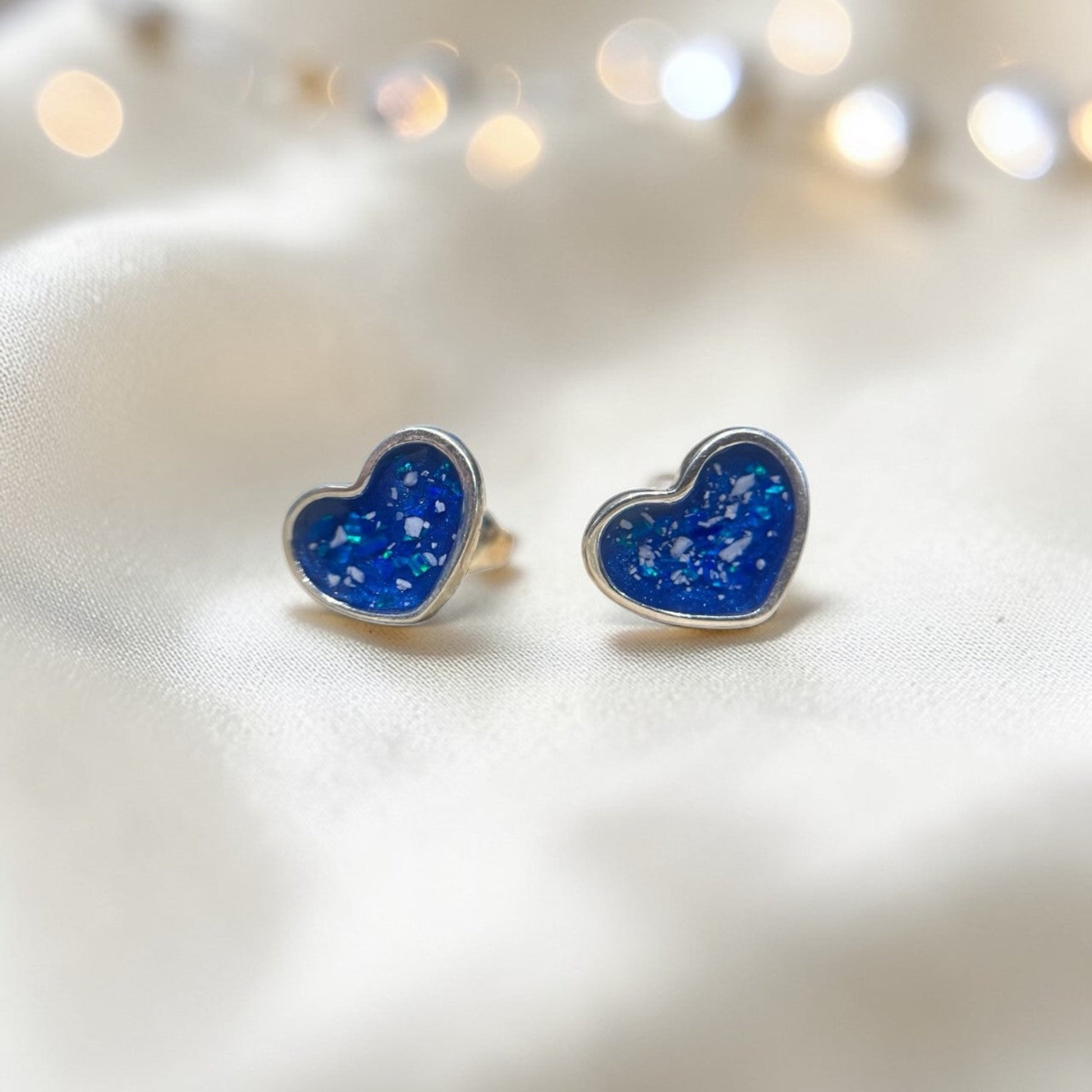 Luna Grace Studs — silver heart ashes memorial stud earrings with blue fill, handcrafted in Lancashire, UK