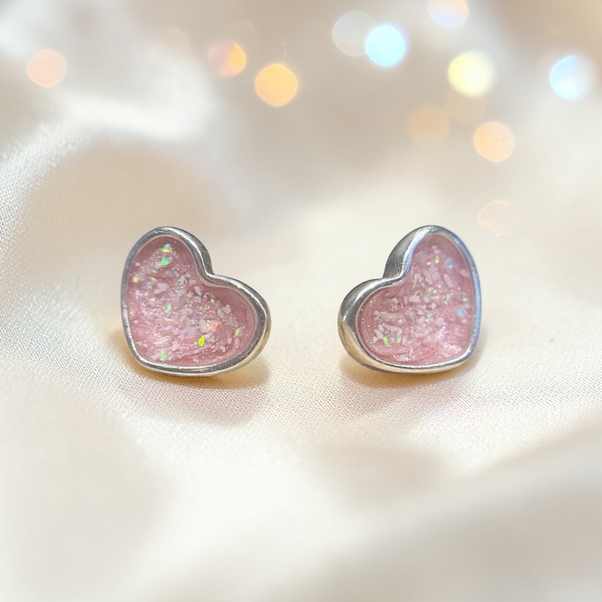 Luna Grace Studs — silver heart ashes memorial stud earrings with pink fill, handcrafted in Lancashire, UK