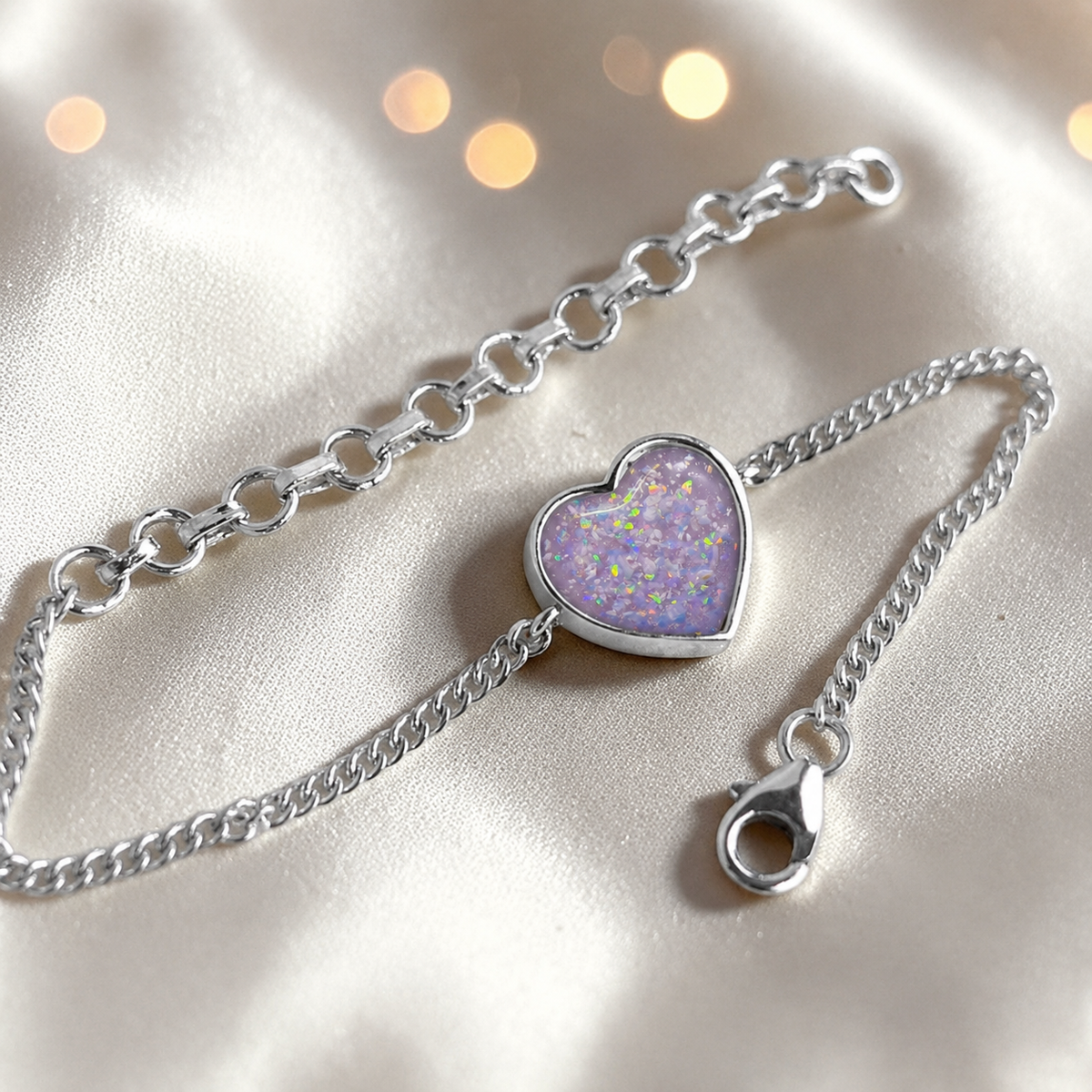 Lyra Bracelet — silver heart ashes memorial bracelet in unicorn purple, handcrafted in Lancashire, UK - by Keepsake Memorial Jewellery