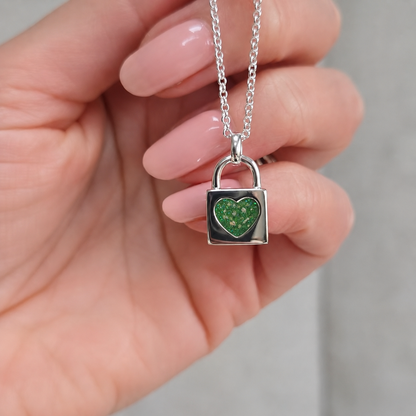 Mara sterling silver heart padlock pendant in fruit green, handcrafted in Lancashire UK