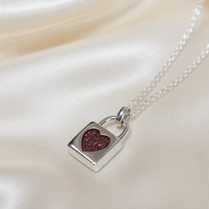 Mara sterling silver heart padlock pendant in ruby red, handcrafted in Lancashire UK