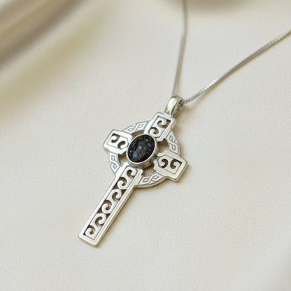 Anam sterling silver Celtic cross memorial pendant, 55mm, handcrafted in Lancashire UK by Keepsake Memorial Jewellery