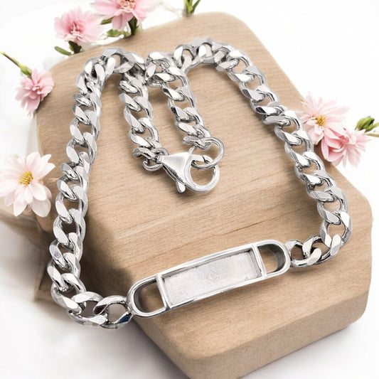 Unisex Bezel Curb Chain Silver Bracelet