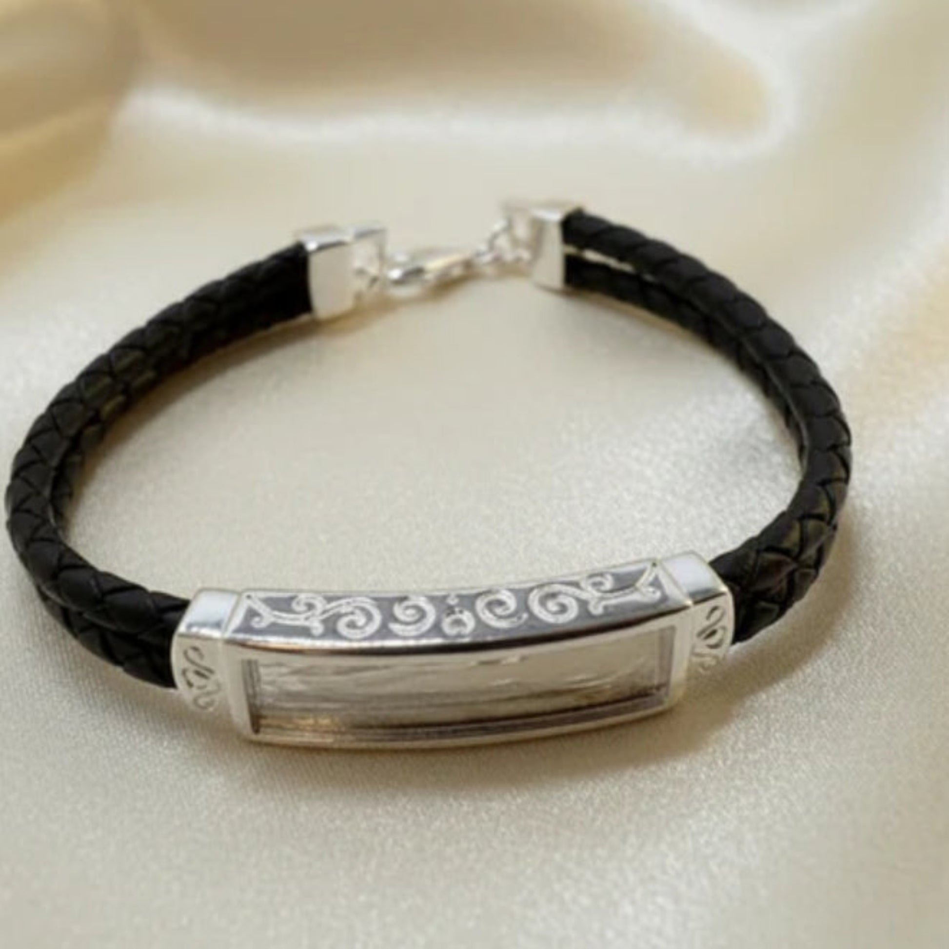 silver and leather mens keepsake bracelet, handcrafted in uk