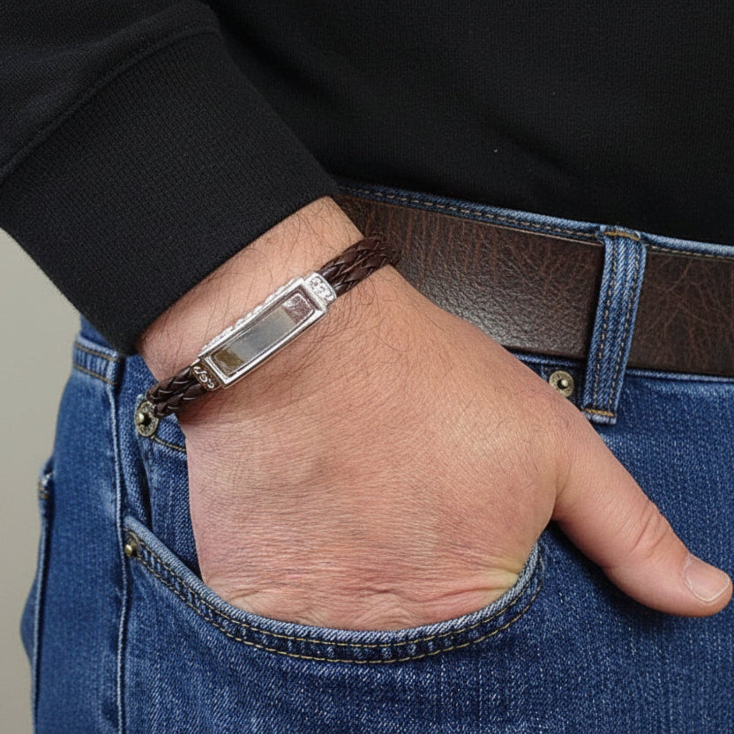 silver and leather mens memorial bracelet, handcrafted in lancashire