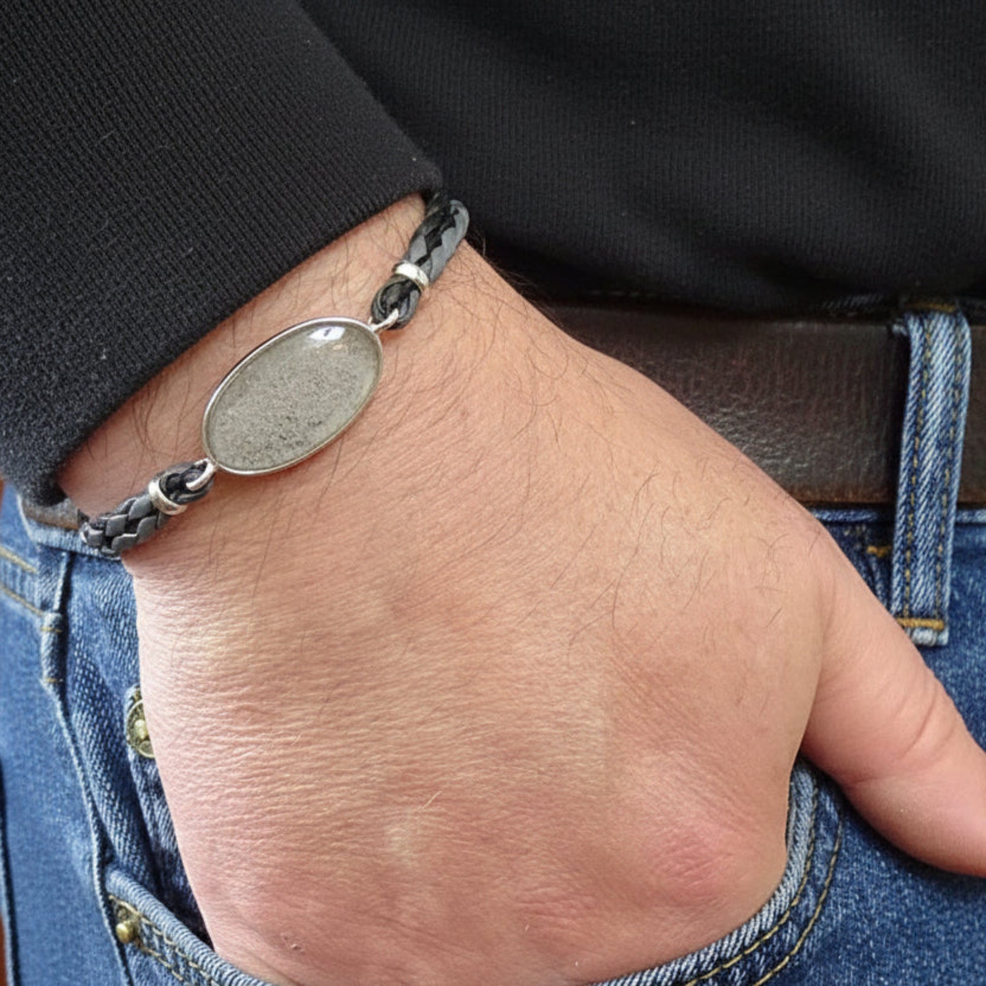 mens silver and leather ashes keepsake bracelet, handcrafted in the uk