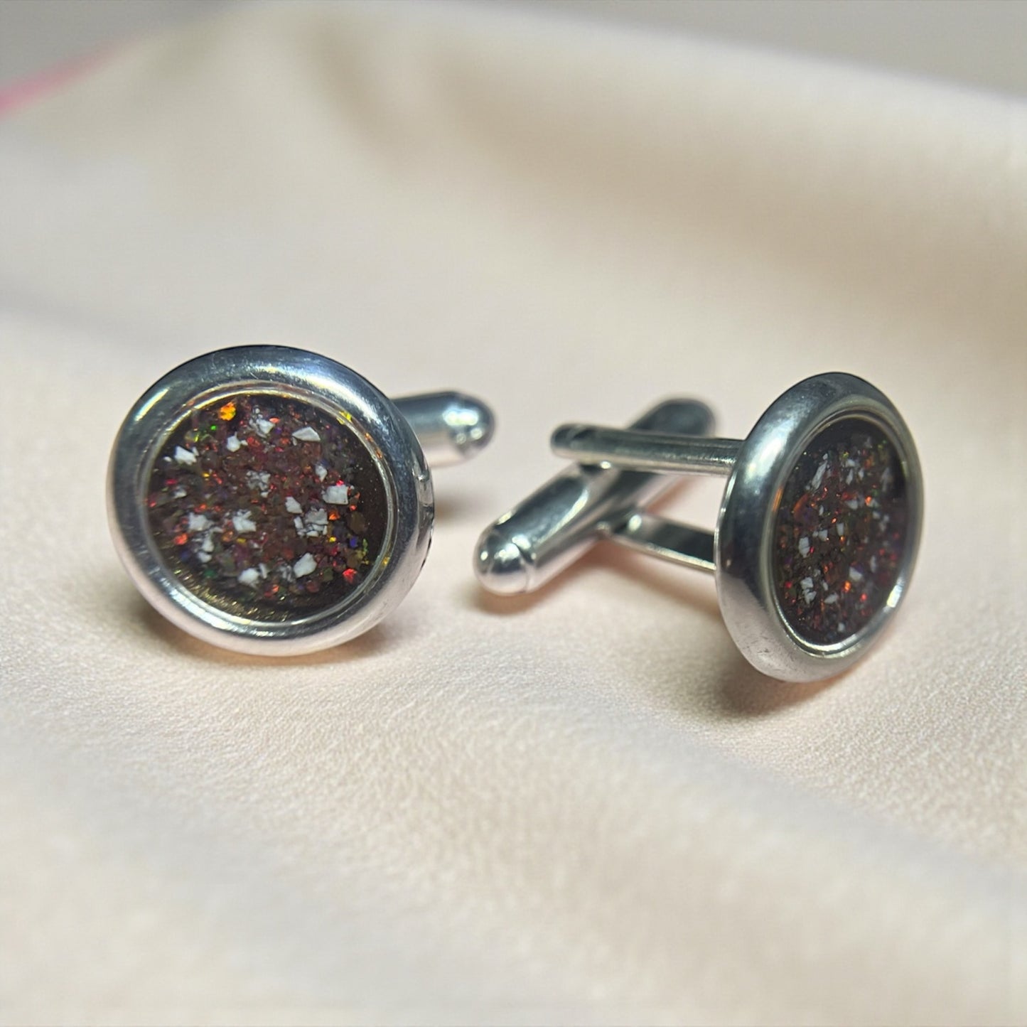 silver round ashes memorial cufflinks, handcrafted in rossendale