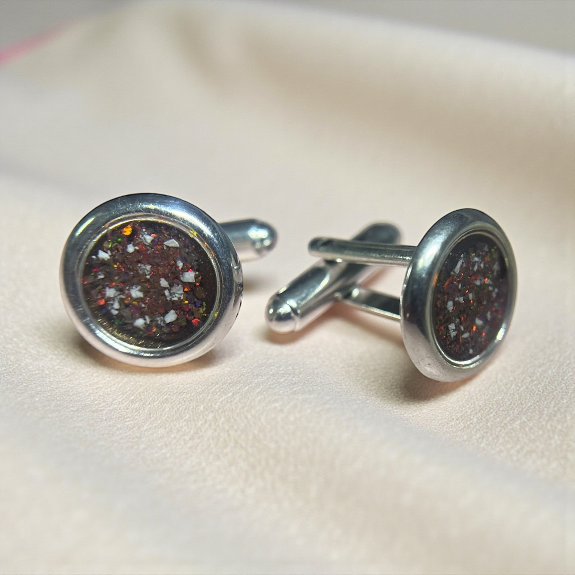 silver round ashes memorial cufflinks, handcrafted in rossendale