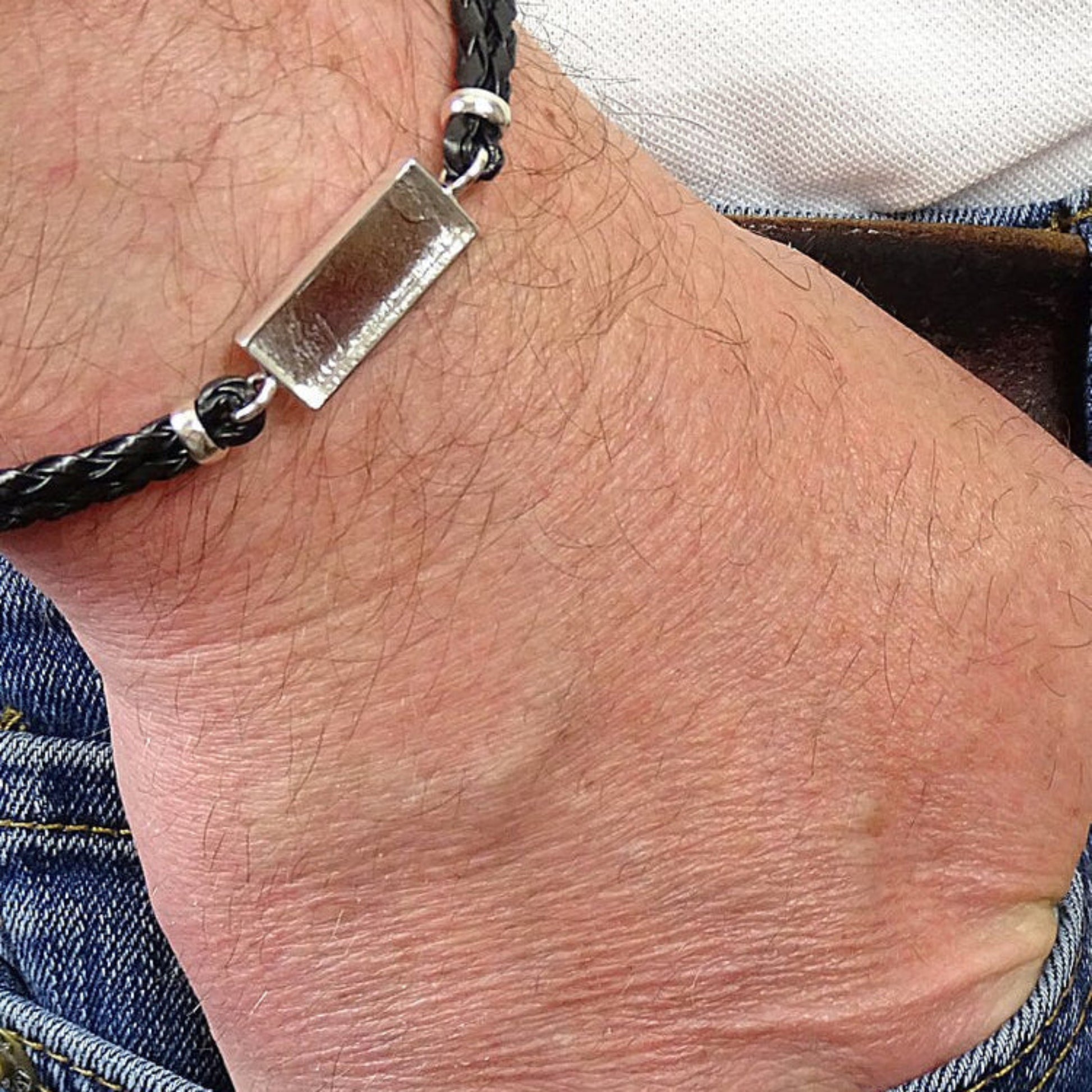 mens silver and leather ashes bracelet, handcrafted in lancashire