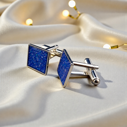 Royal blue Nexus sterling silver square memorial ashes cufflinks, handcrafted in Lancashire UK