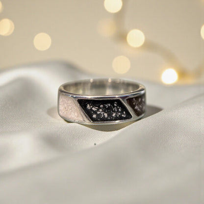 Axis men's sterling silver three setting ring, handcrafted in Lancashire UK by Keepsake Memorial Jewellery