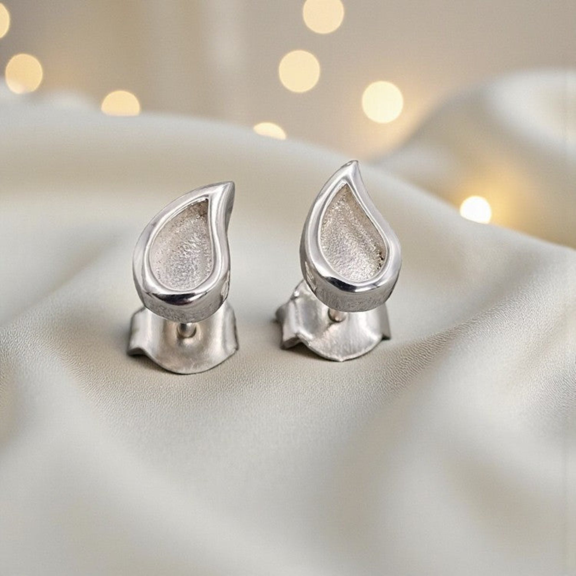 Milk Drop Earrings — silver milk drop ashes memorial stud earrings, handcrafted in Lancashire, UK