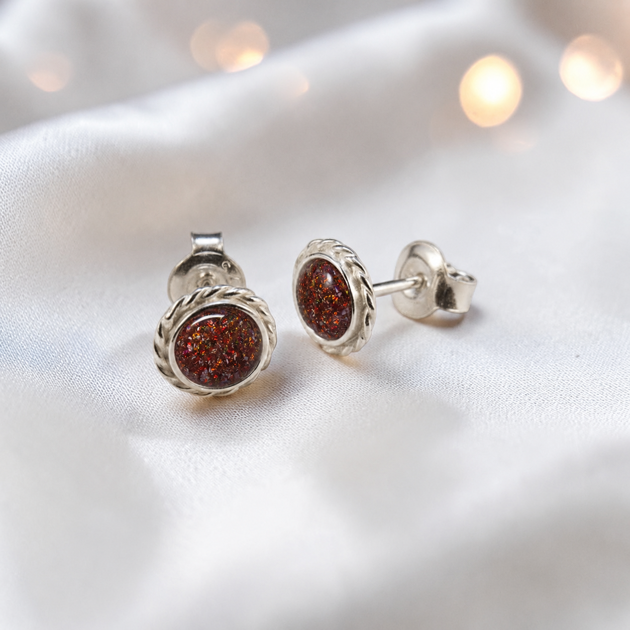 Eterna memorial stud earrings in Mocha opal — sterling silver rope edge, handcrafted in Lancashire, UK