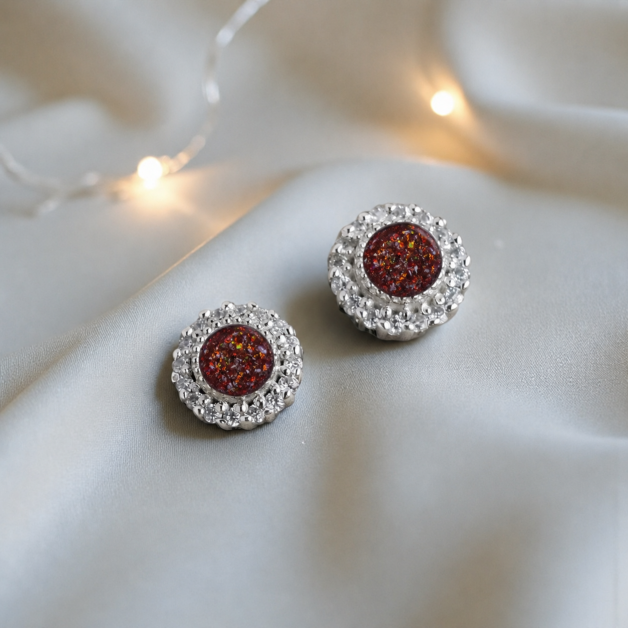 Halo's memorial stud earrings in Copper Mocha opal — sterling silver, handcrafted in Lancashire, UK