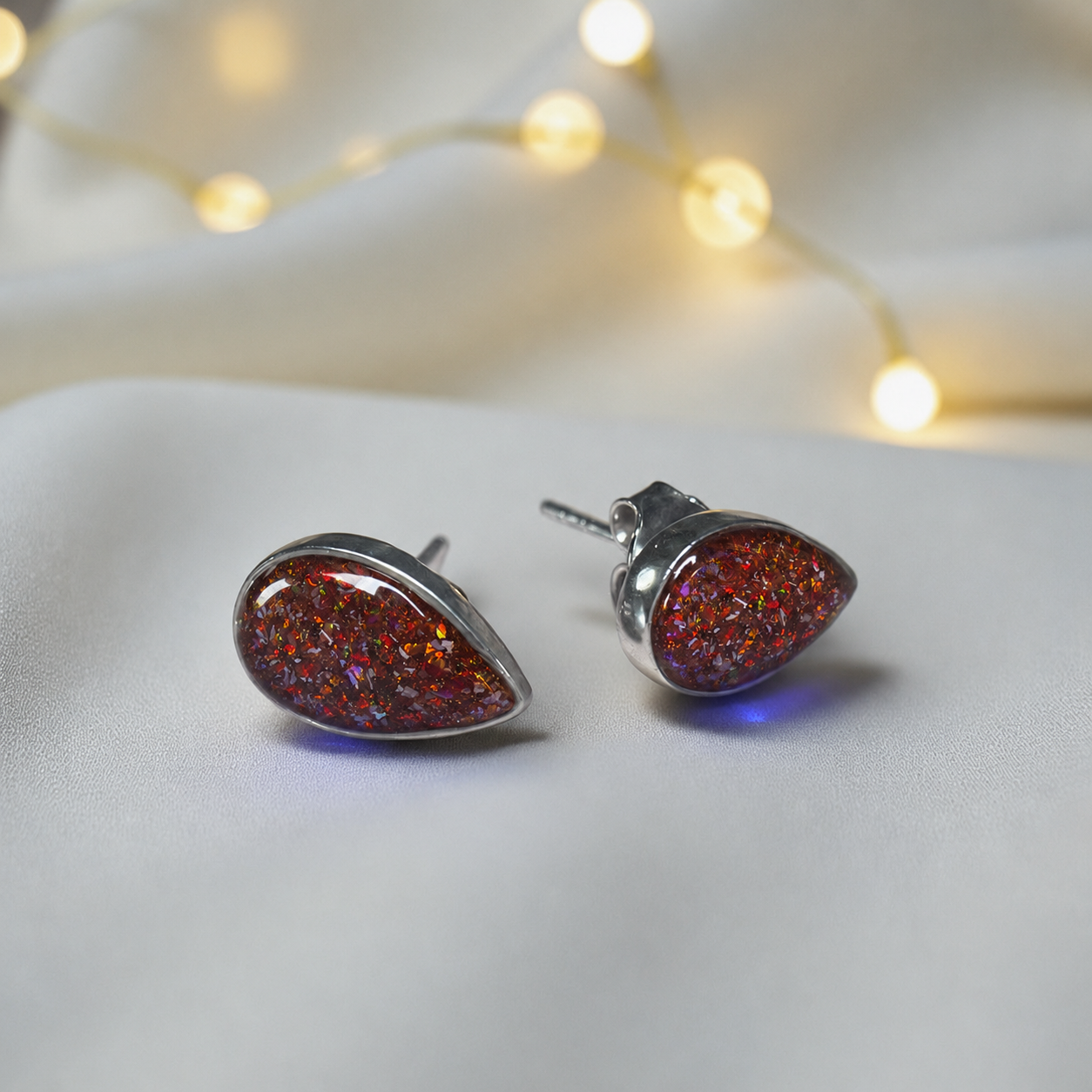 Pure Radiance memorial earrings in Copper Mocha opal — sterling silver, handcrafted in Lancashire, UK
