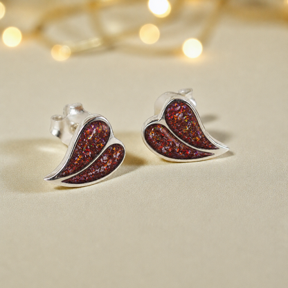 Two Hearts memorial stud earrings in Copper Mocha opal — sterling silver, handcrafted in Lancashire, UK