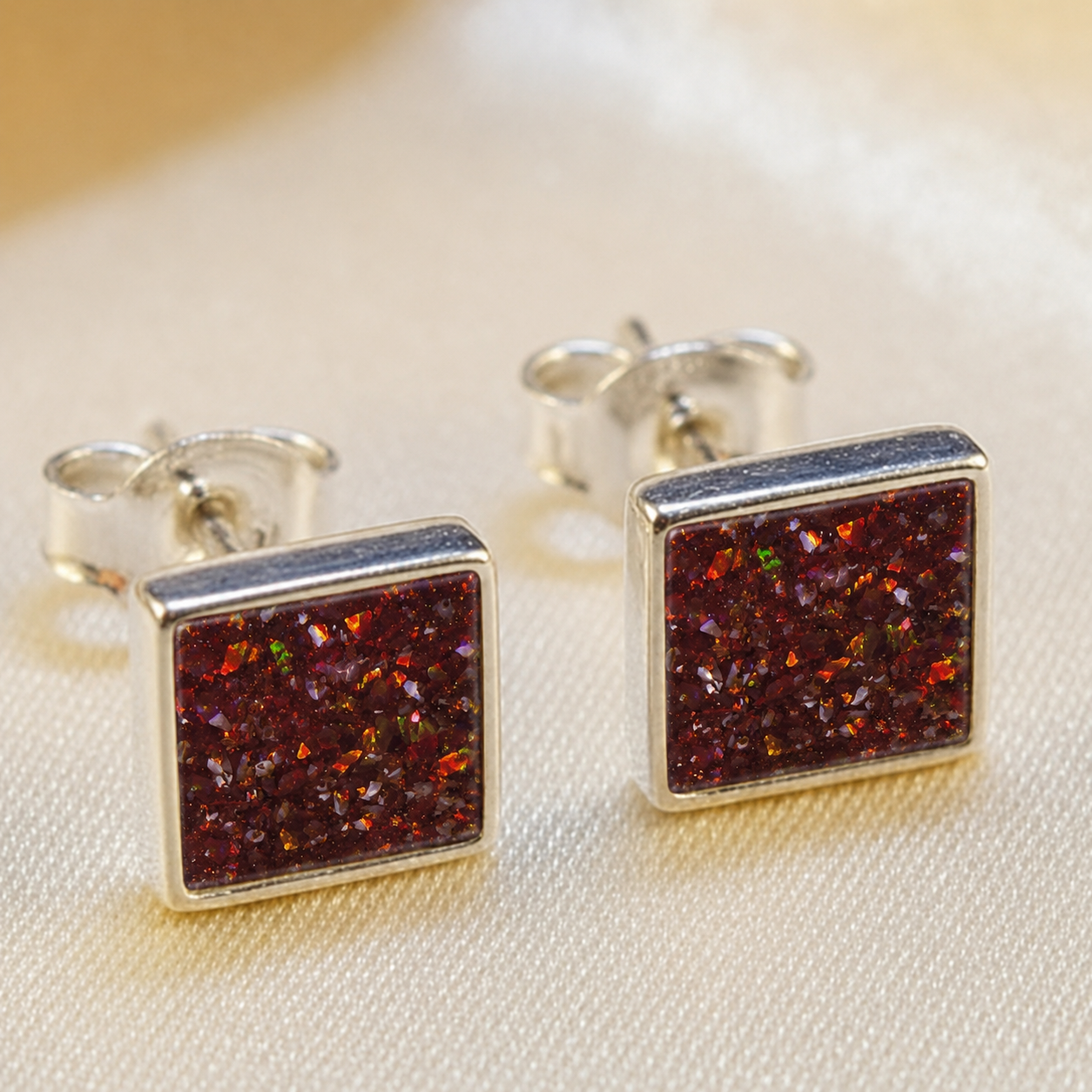Keepsake Memorial Sterling Silver Square Stud Ashes Earrings Celeste Shine in Copper Mocha - Handcrafted in the UK