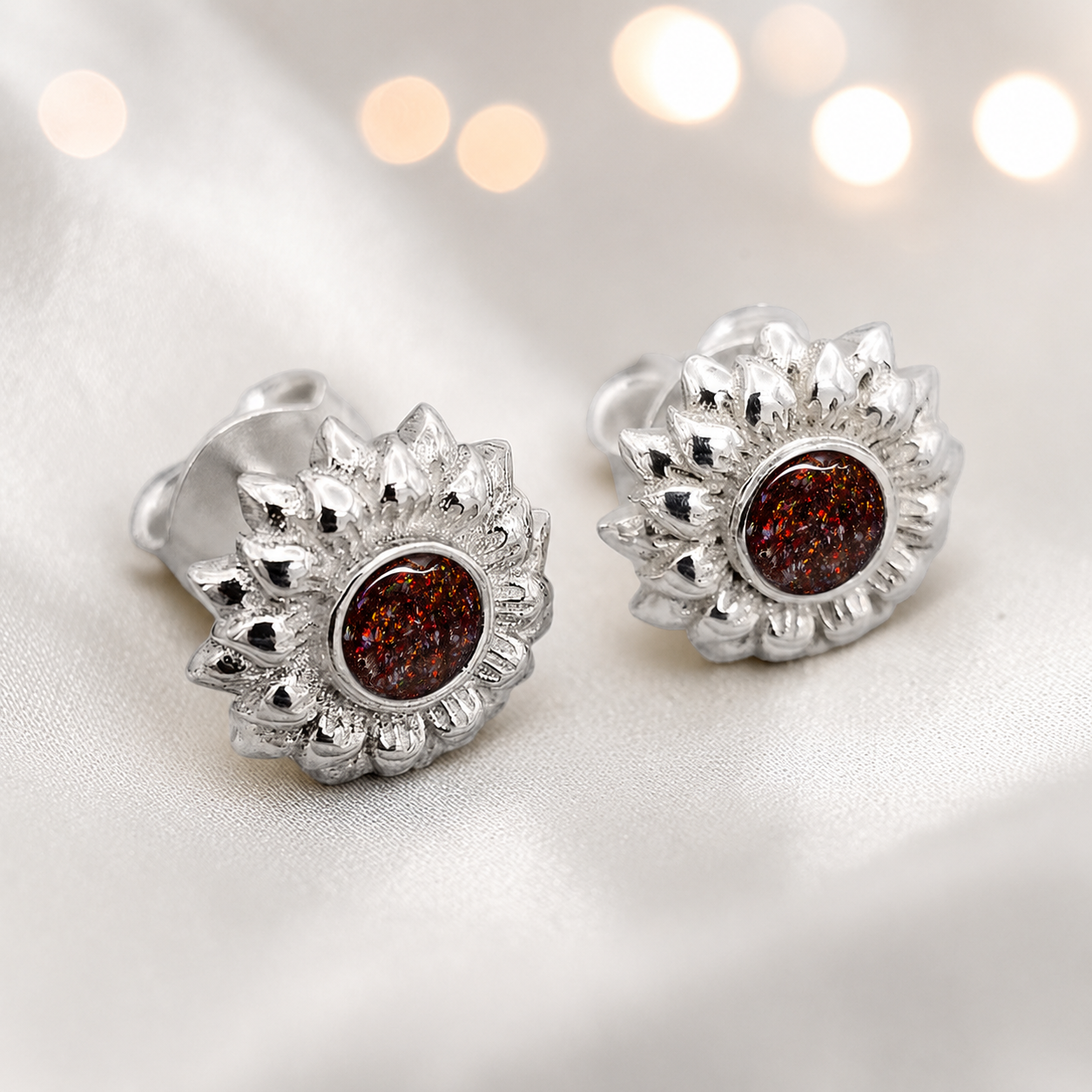 Flora Earrings — silver sunflower ashes memorial stud earrings in Copper Mocha resin, handcrafted in Lancashire, UK