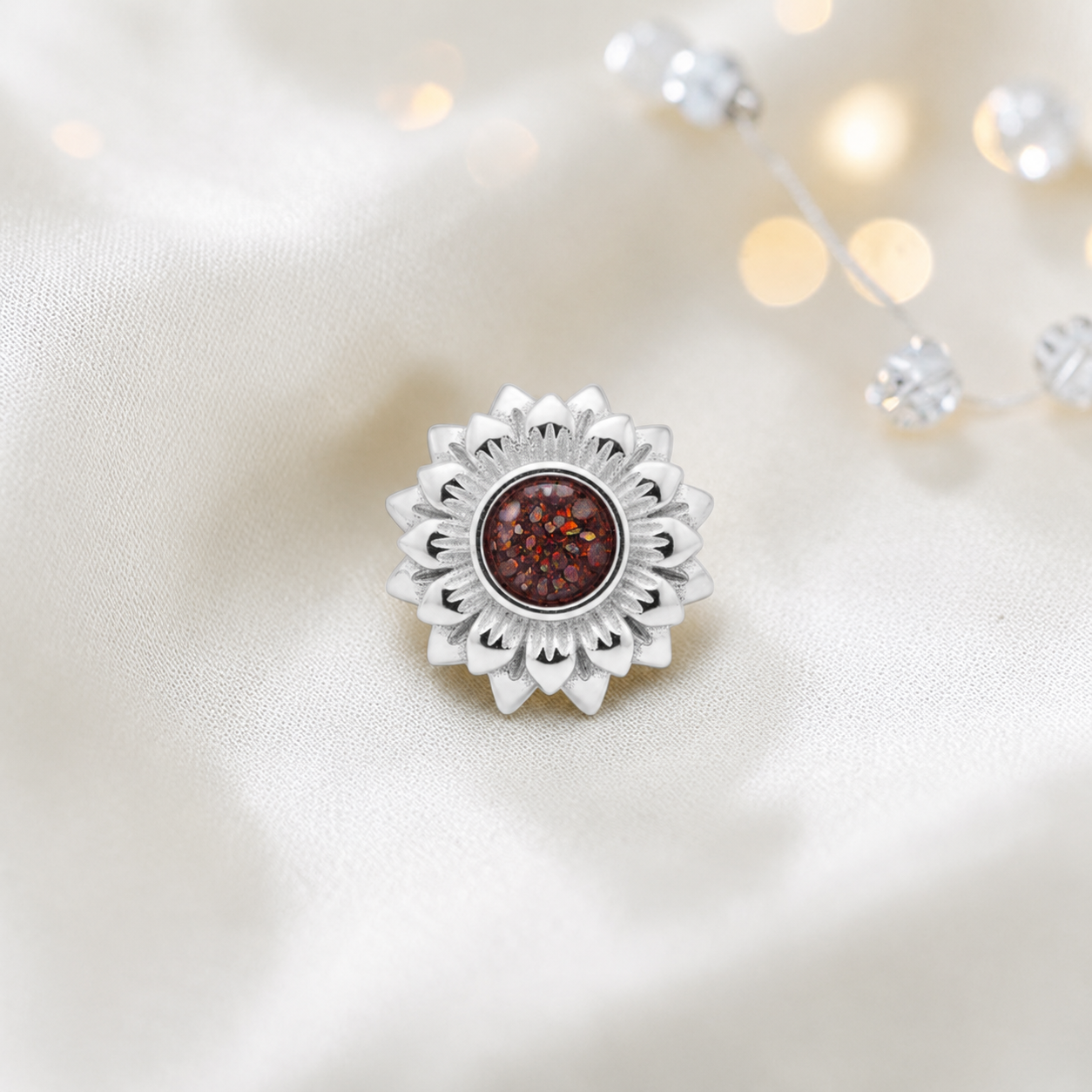 Copper mocha sterling silver sunflower ashes memorial charm, handcrafted in Lancashire by keepsake memorial